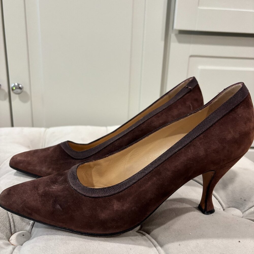 Vintage Italian Brown Suede Heel with Trim - Manolo Blahnik